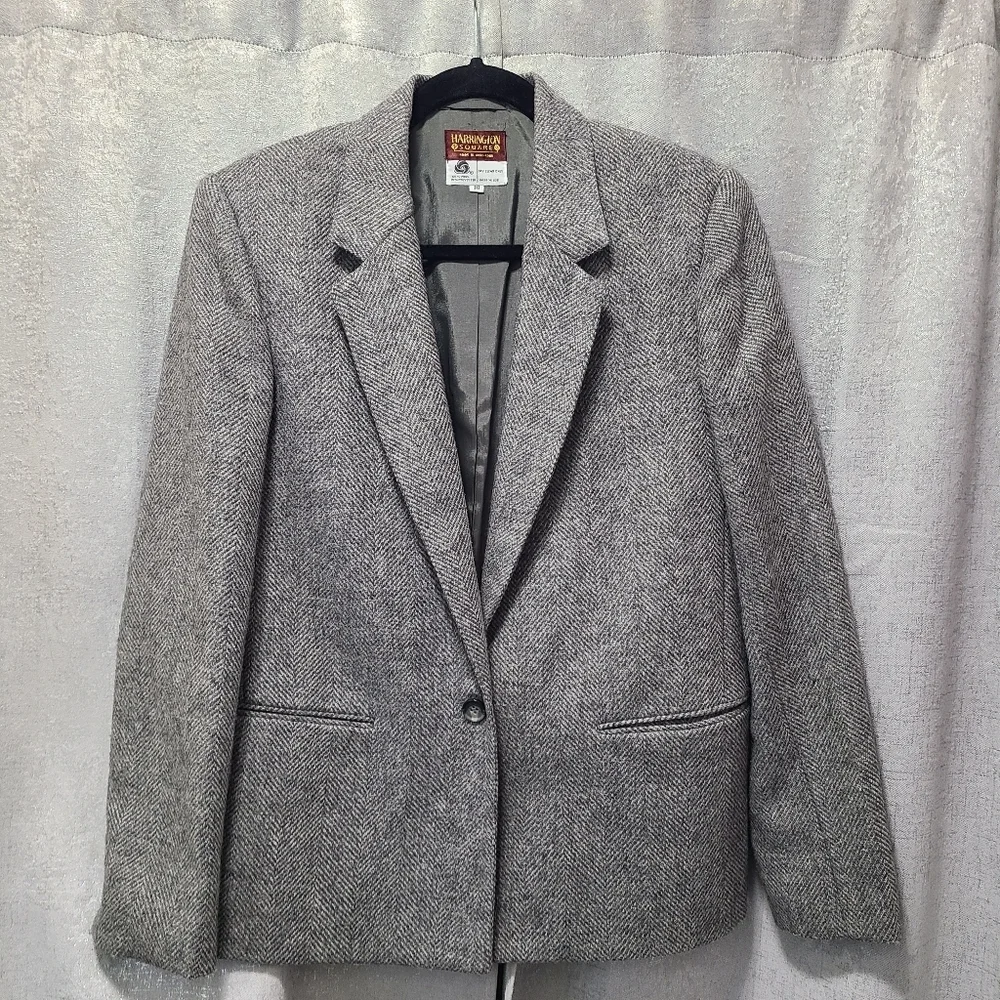 Vtg Harrington Square‎ Herringbone Tweed Wool Blend Blazer 10 Hong Kong